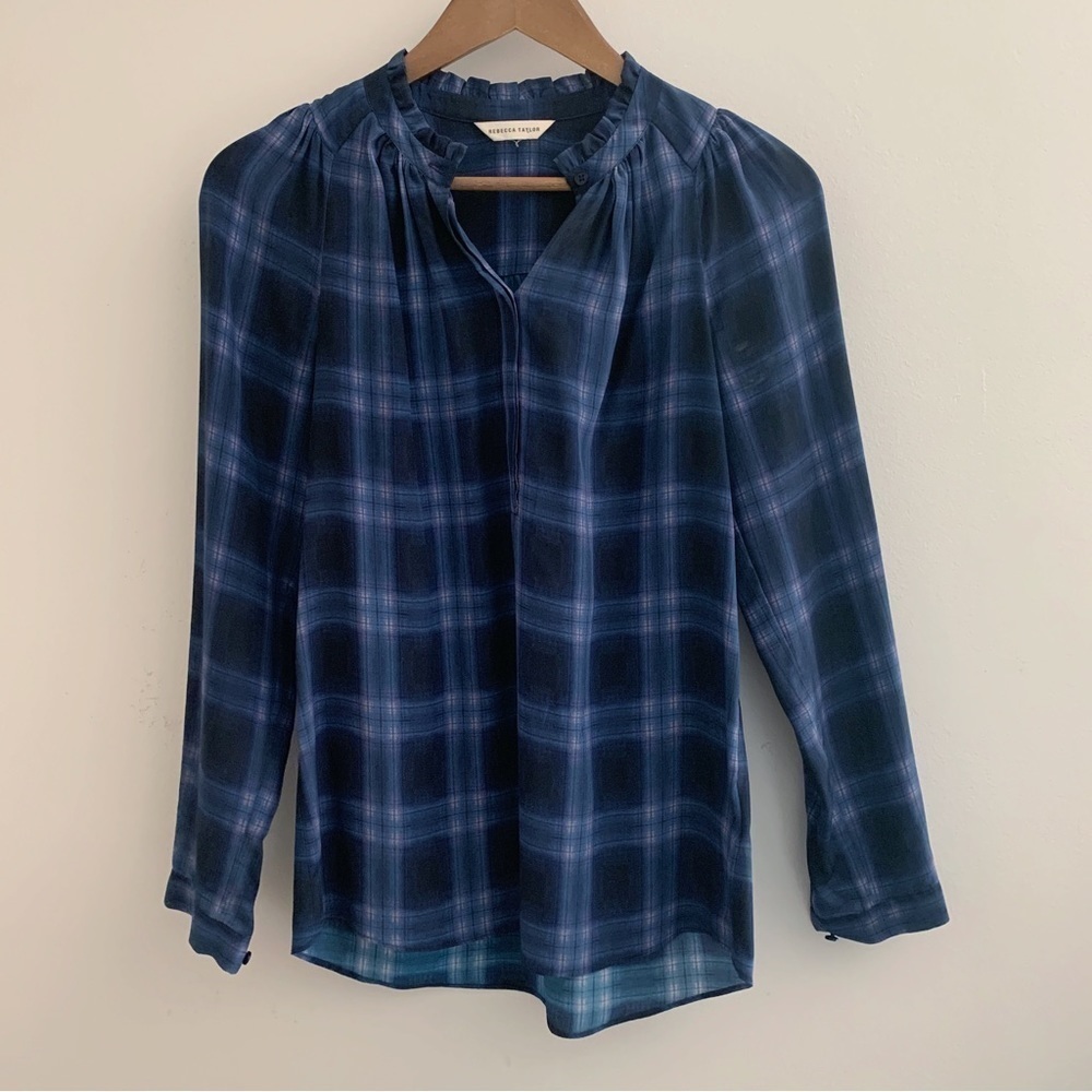 Rebecca Taylor Blue Plaid Silk Popover Top Sz 4